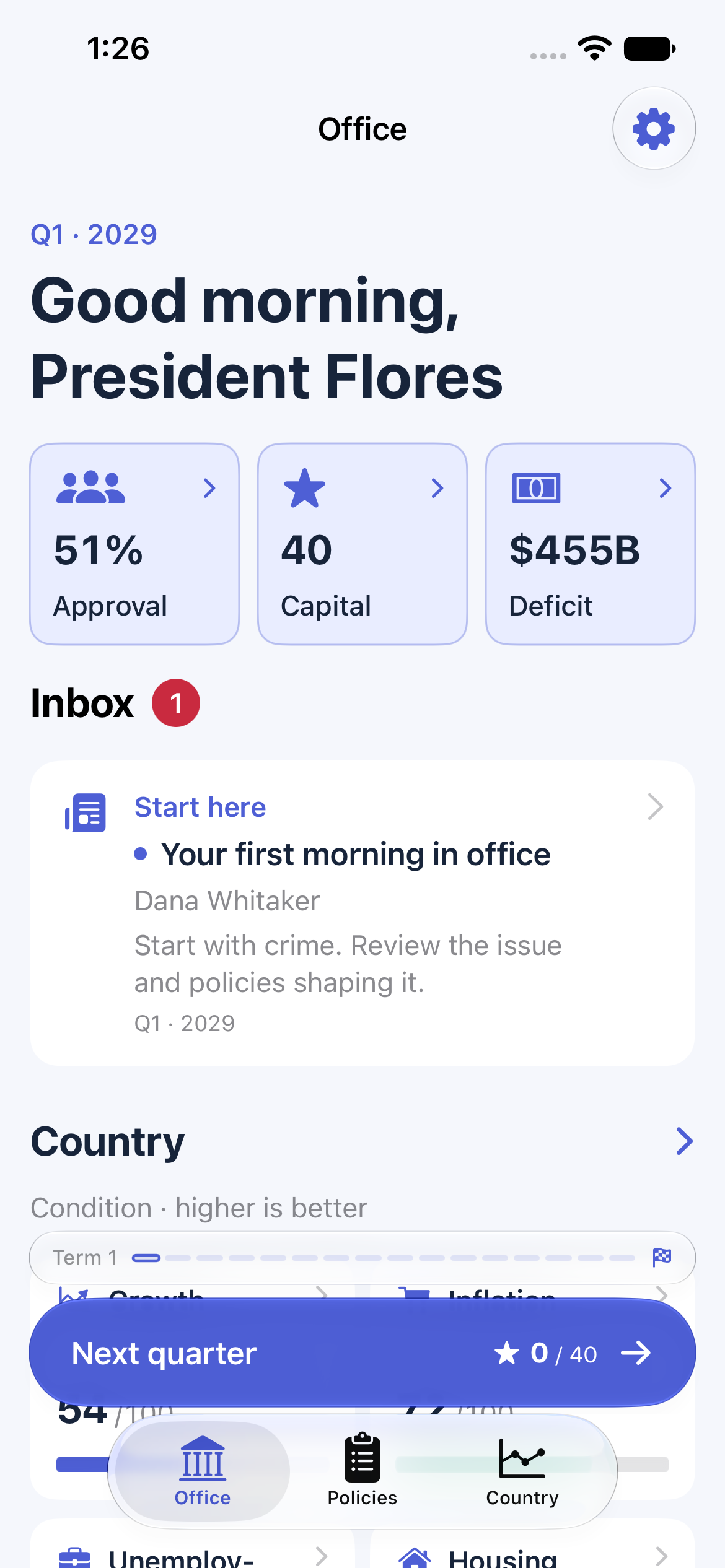 Republic's Office screen on iPhone, showing the presidency, cabinet inbox, and national indicators